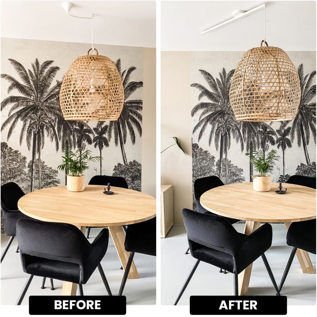 Podzielone zdjęcie z przed i po stole jadalnym z jedną lampą wiszącą nad nim przed, a następnie dwiema lampami wiszącymi z powodu lightswing po.