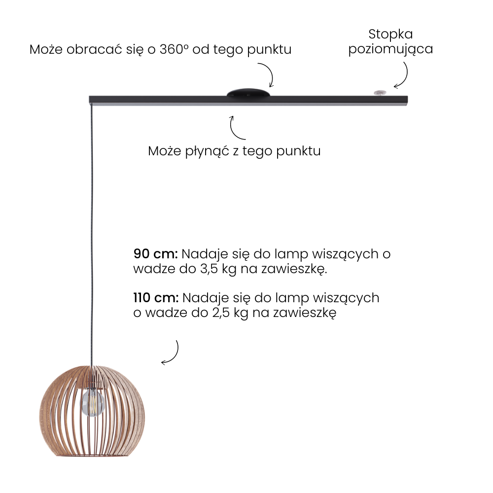 Lightswing zdjęcie produktu z tekstem; - może obracać się o 360 stopni - stopka poziomująca - może przesuwać się od środka - 90 cm: nadaje się do lamp wiszących o wadze do 3,5 kg - 110 cm: nadaje się do lamp wiszących o wadze do 2,5 kg