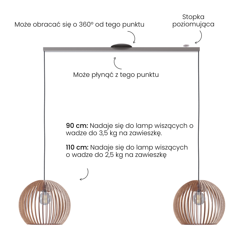 Lightswing zdjęcie produktu z tekstem; - może obracać się o 360 stopni - stopka poziomująca - może przesuwać się od środka - 90 cm: nadaje się do lamp wiszących o wadze do 3,5 kg - 110 cm: nadaje się do lamp wiszących o wadze do 2,5 kg